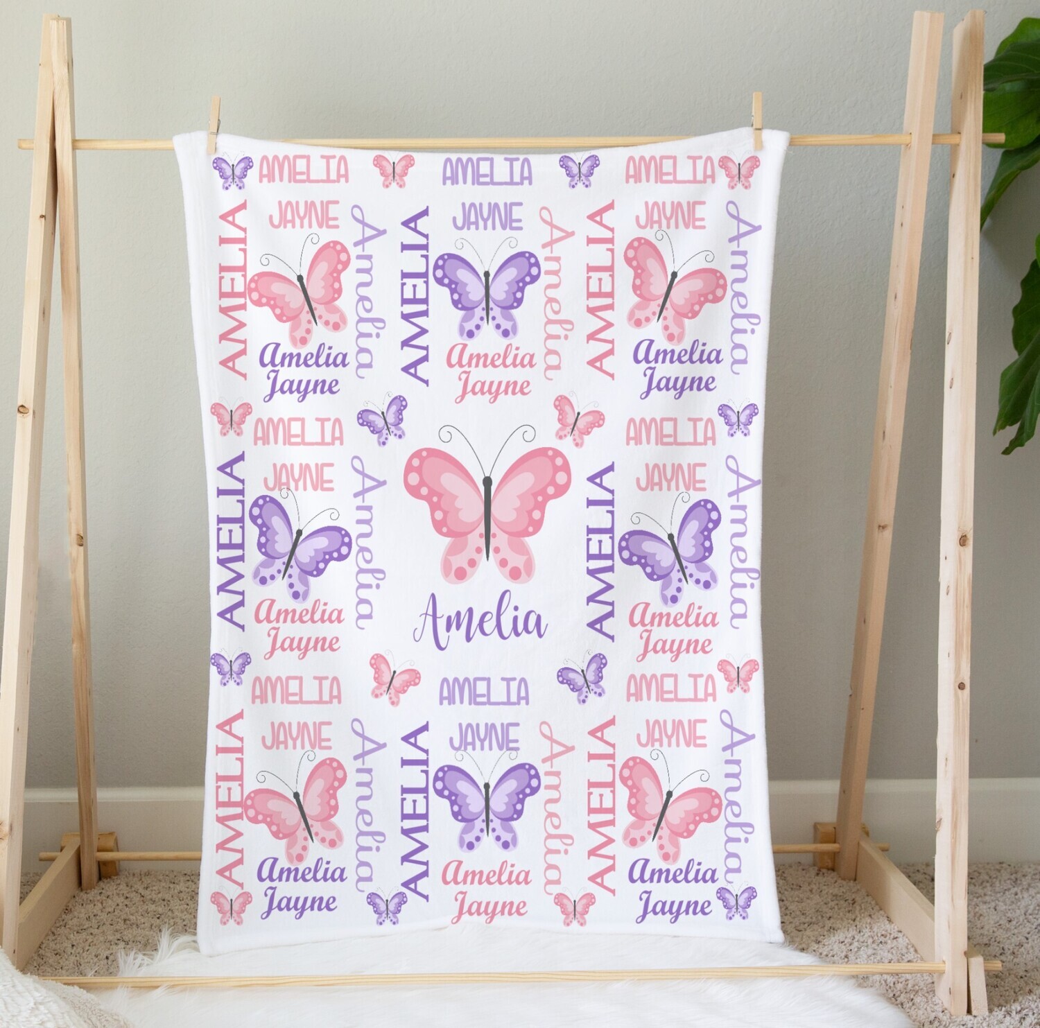 Personalized Girl Blanket Butterflies Pink Purple Baby Girl Blanket Shower Gift Custom Name Blanket Baby Throw