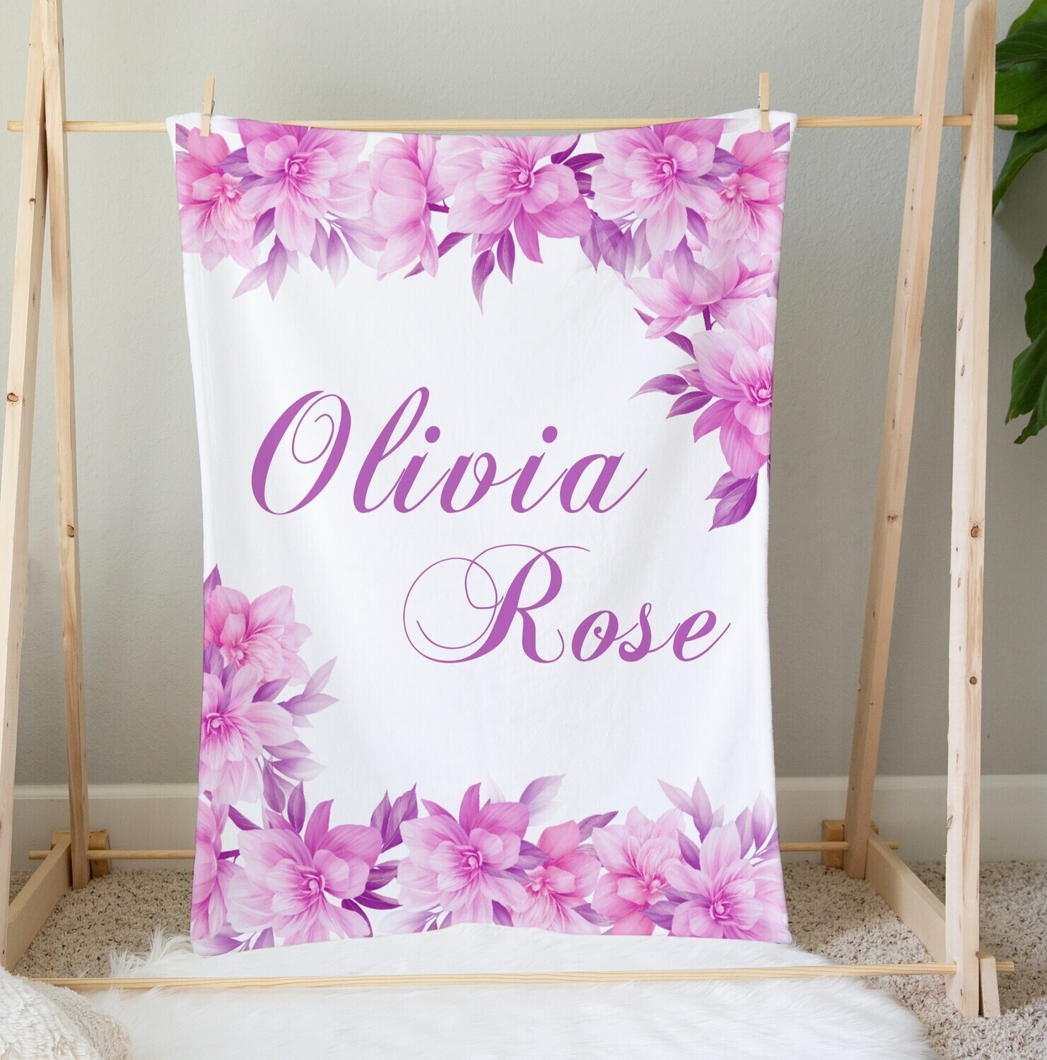 Personalized Girl Blanket Pink Purple Flower Floral Custom Blanket Shower Gift Custom Name Blanket Girl Bedroom Nursery Throw Tummy Time