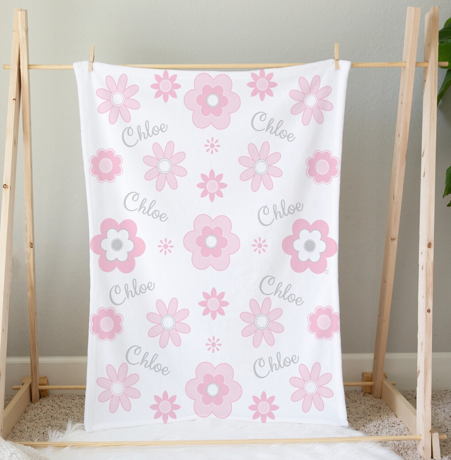 Personalized Baby Girl Blanket Pink Floral Flower Blanket Shower Gift Custom Name Blanket Girl Bedroom Nursery Throw Tummy Time