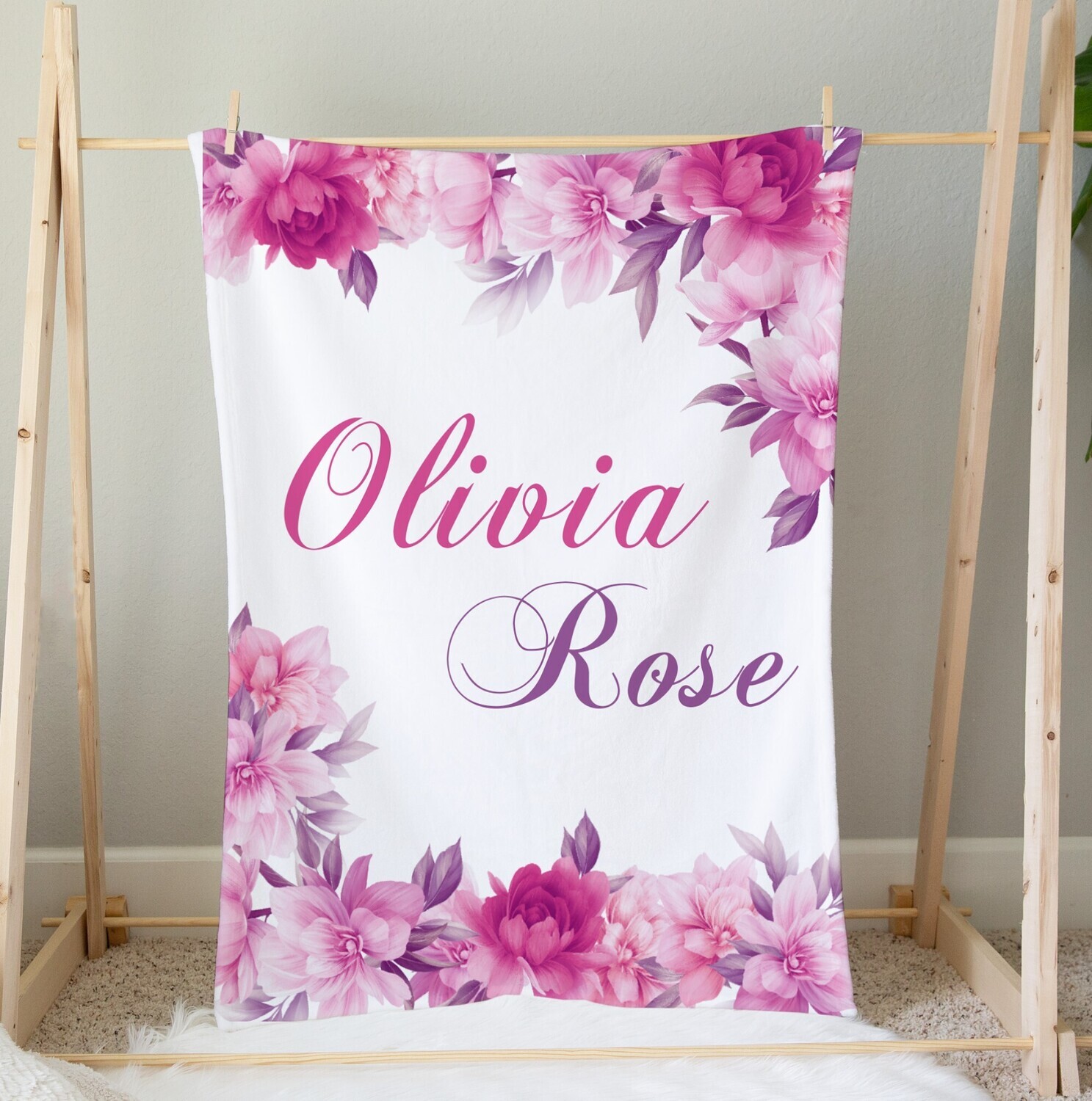 Personalized Girl Blanket Pink Flower Floral Custom Blanket Shower Gift Custom Name Blanket Girl Bedroom Nursery Throw Tummy Time