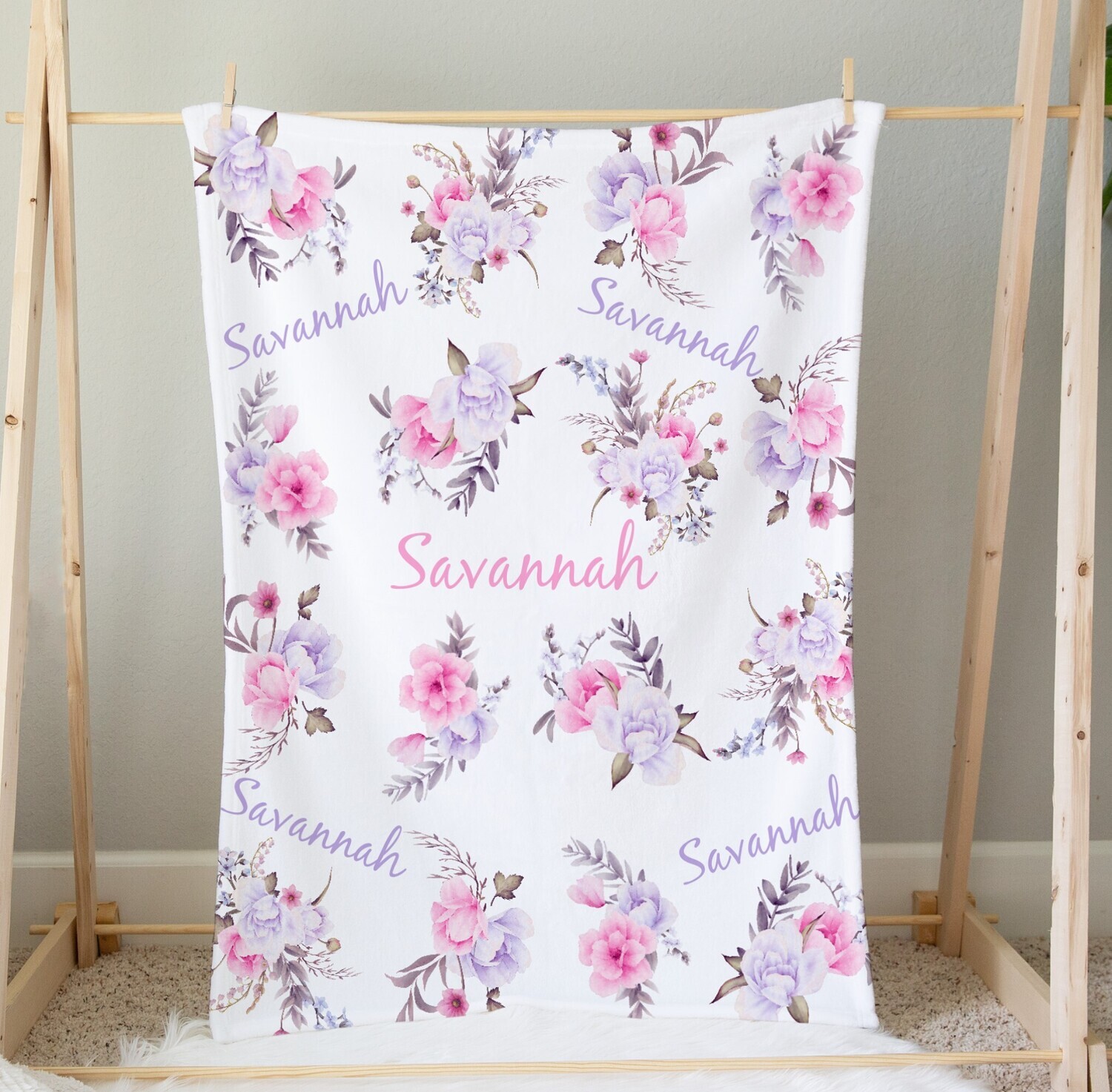 Personalized Girl Blanket Pink Purple Flower Blanket Shower Gift Custom Name Blanket Girl Bedroom Nursery Throw Tummy Time