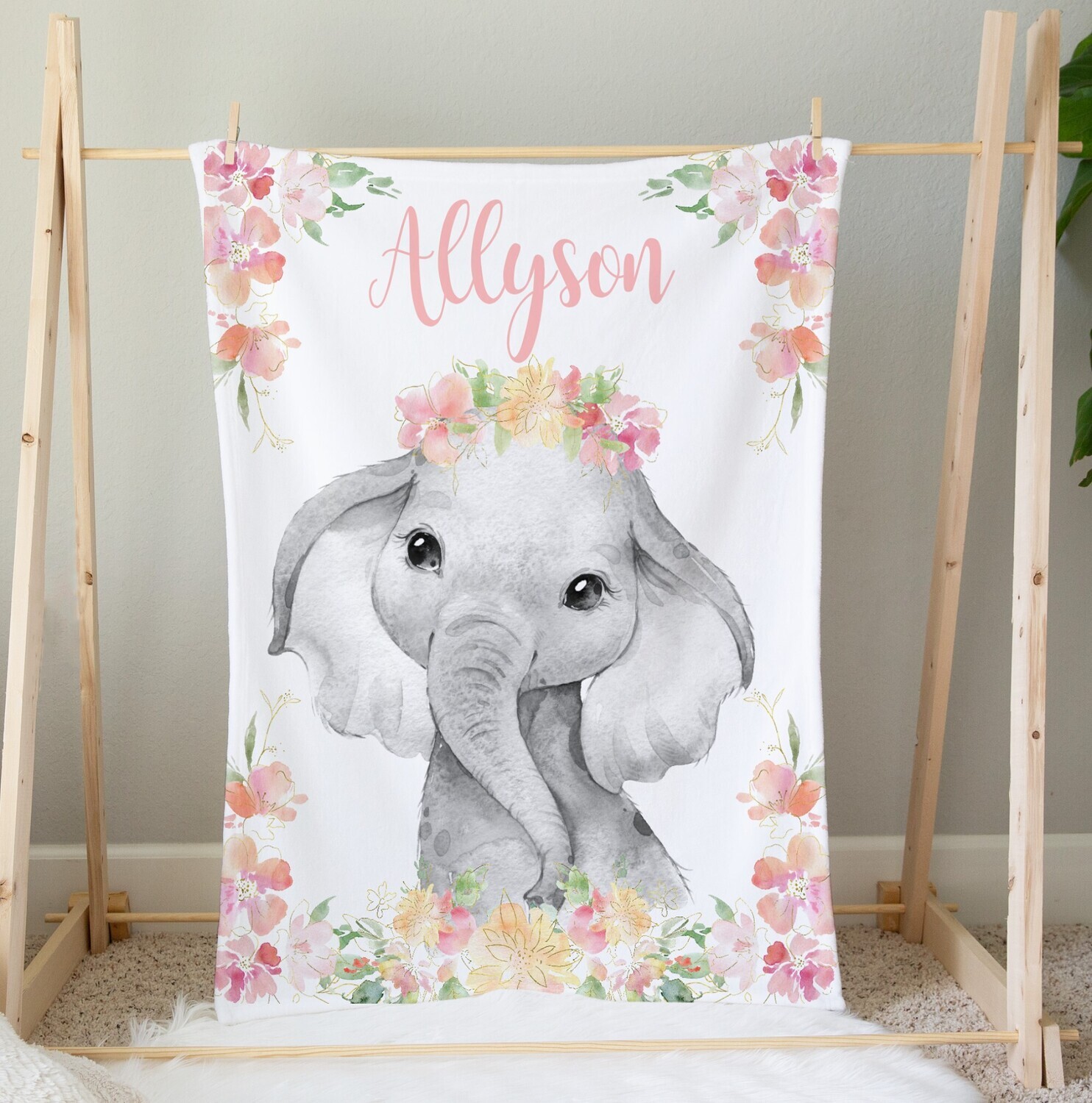 Personalized Baby Girl Blanket Floral Elephant Flower Blanket Shower Gift Custom Name Blanket Girl Bedroom Nursery Throw Tummy Time