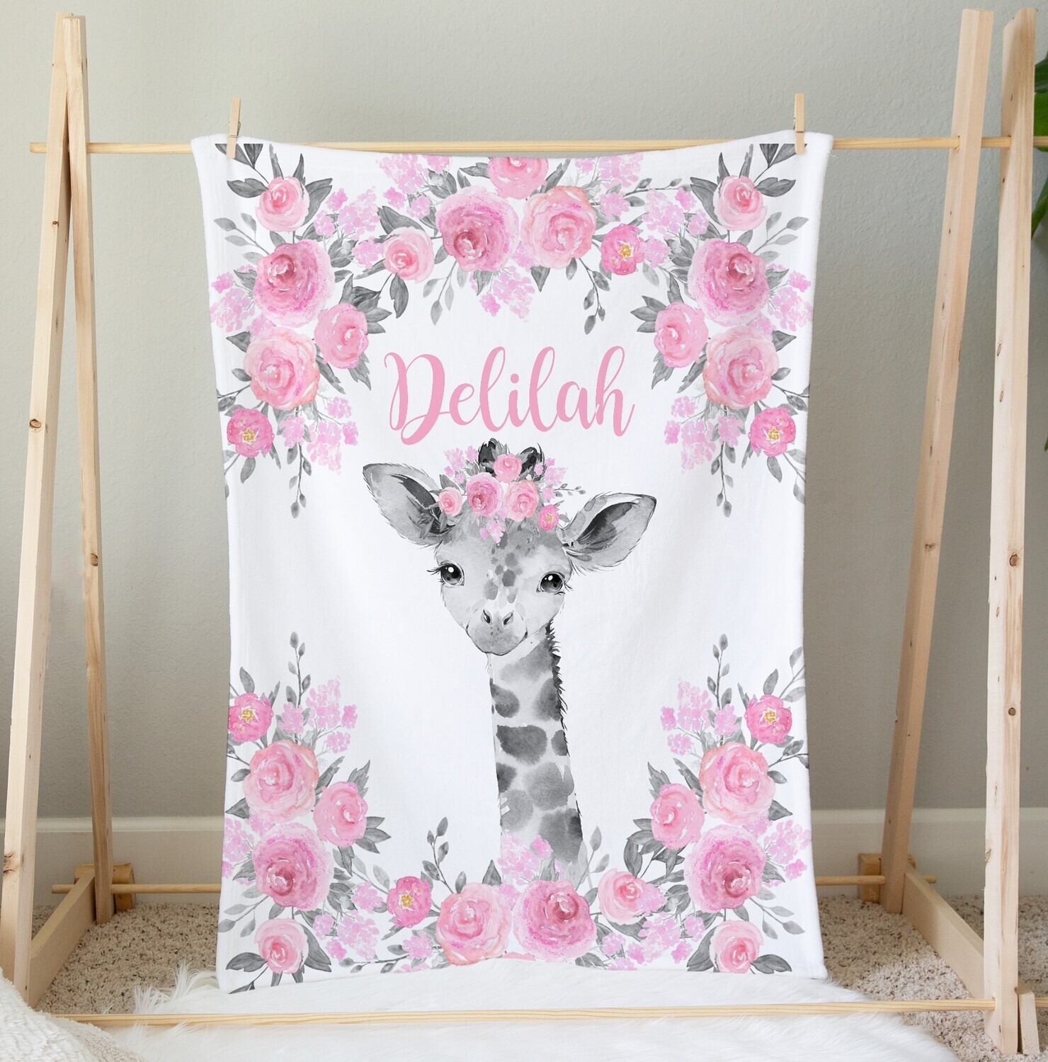 Personalized Girl Blanket Pink Floral Giraffe Custom Blanket Shower Gift Custom Name Blanket Girl Bedroom Nursery Throw Tummy Time