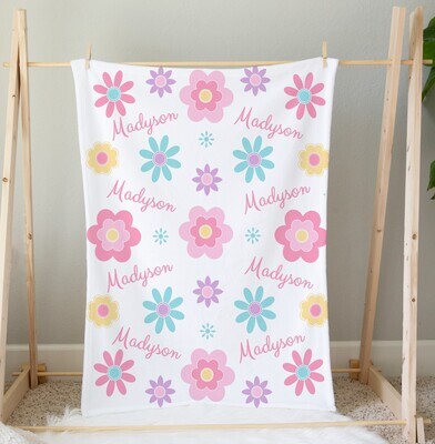 Personalized Baby Girl Blanket Floral Flower Blanket Shower Gift Custom Name Blanket Girl Bedroom Nursery Throw Tummy Time