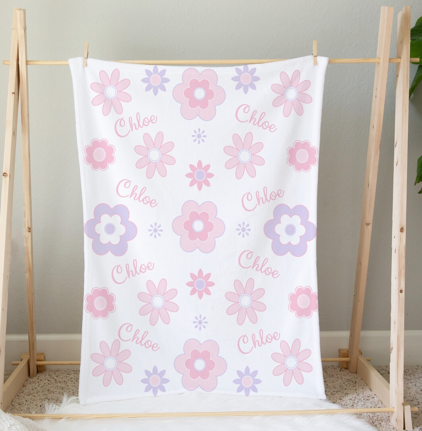Personalized Baby Girl Blanket Pink Purple Floral Flower Blanket Shower Gift Custom Name Blanket Girl Bedroom Nursery Throw Tummy Time