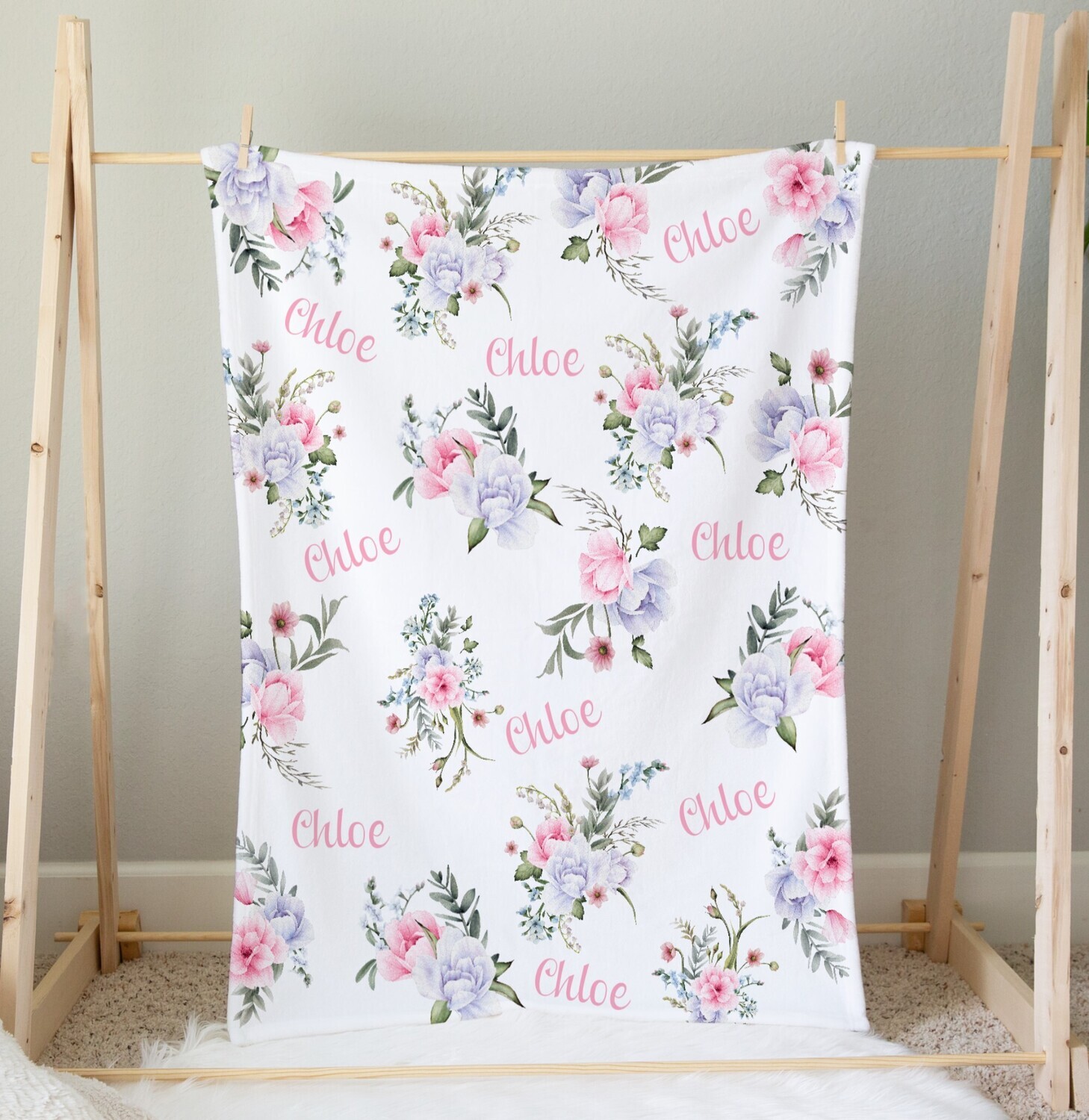 Personalized Girl Blanket Pink Floral Custom Blanket Shower Gift Custom Name Blanket Girl Bedroom Nursery Throw Tummy Time