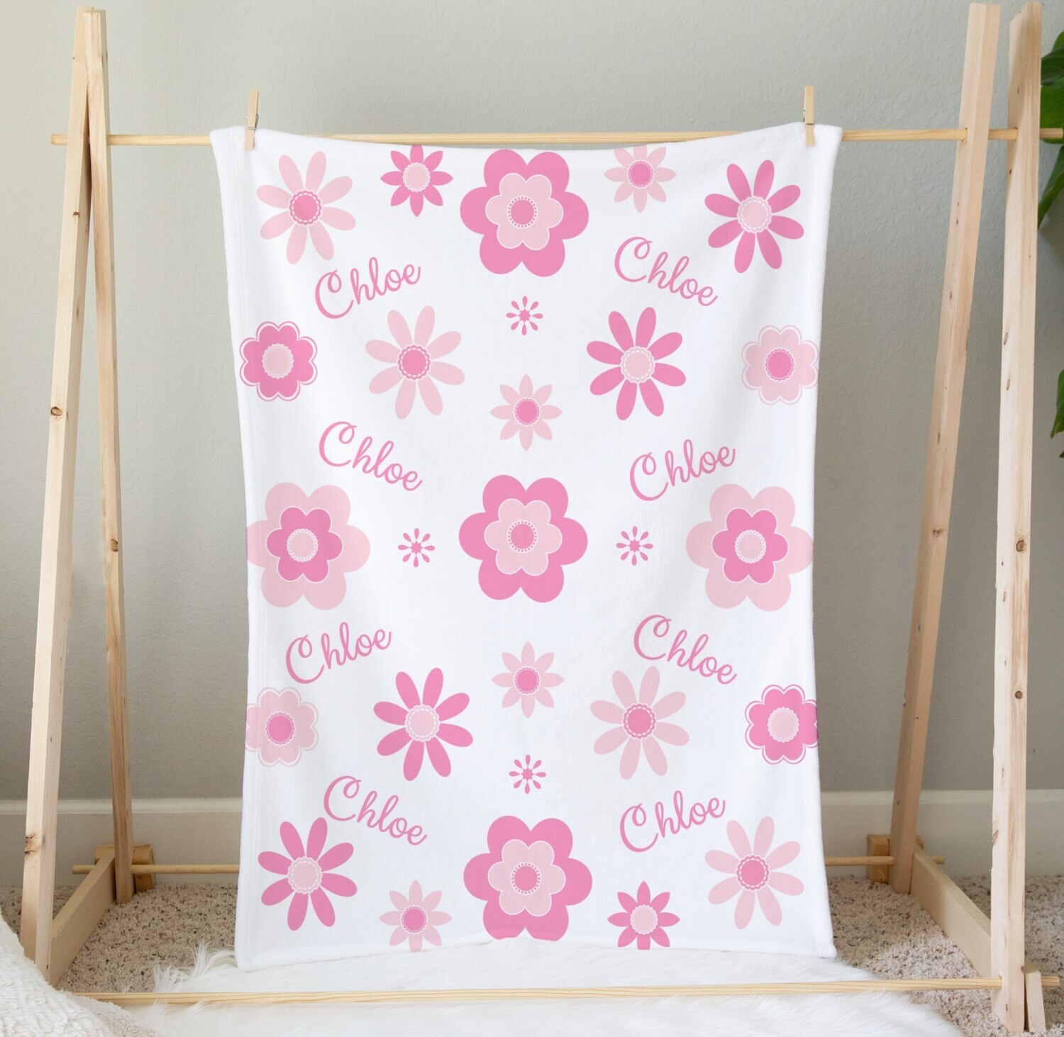 Personalized Baby Girl Blanket Pink Floral Flower Blanket Shower Gift Custom Name Blanket Girl Bedroom Nursery Throw Tummy Time