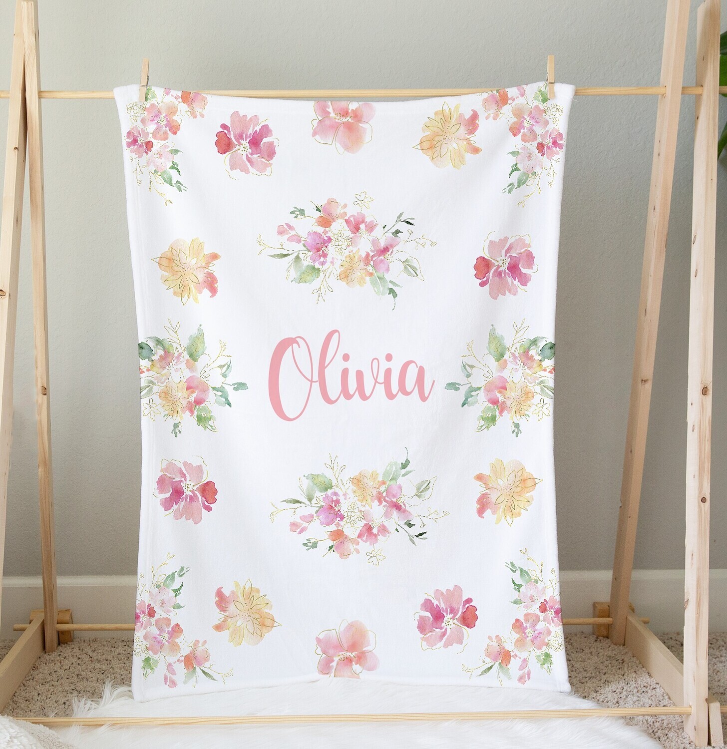 Personalized Girl Blanket Floral Flower Blanket Shower Gift Custom Name Blanket Girl Bedroom Nursery Throw Tummy Time