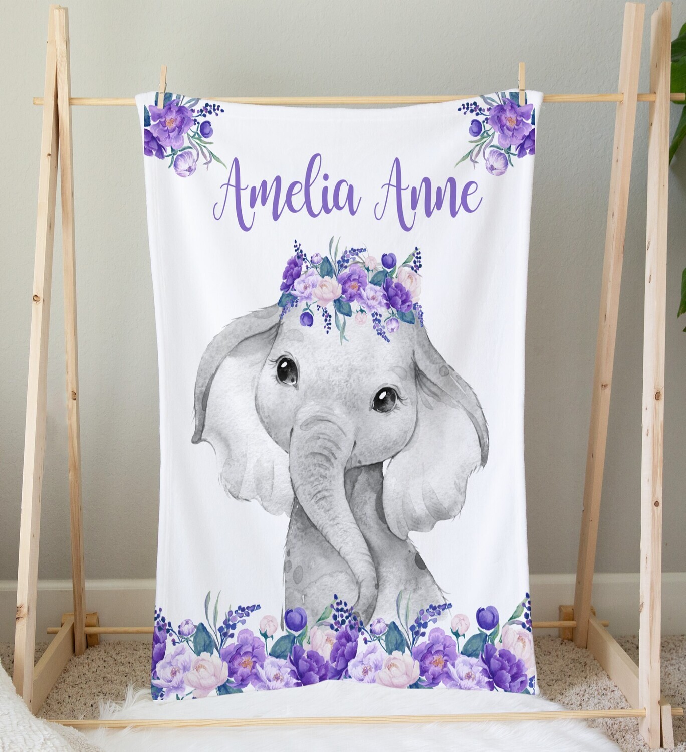 Personalized Baby Girl Blanket Purple Teal Floral Elephant Flower Blanket Shower Gift Custom Name Blanket Girl Bedroom Nursery Throw Tummy Time
