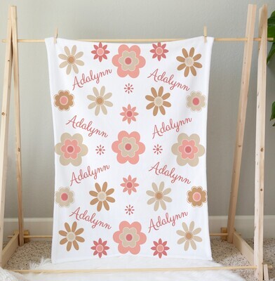 Personalized Baby Girl Blanket Coral Floral Flower Blanket Shower Gift Custom Name Blanket Girl Bedroom Nursery Throw Tummy Time
