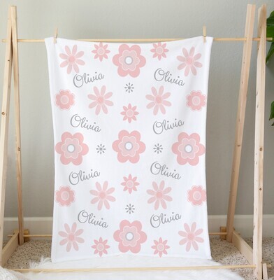 Personalized Baby Girl Blanket Coral Floral Flower Blanket Shower Gift Custom Name Blanket Girl Bedroom Nursery Throw Tummy Time
