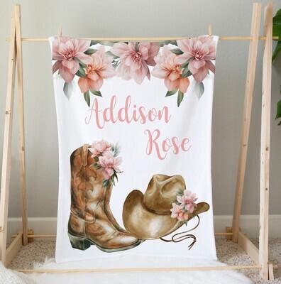 Personalized Western Baby Girl Blanket Pink Floral Flower Cowgirl Cowboy Boots Hat Blanket Shower Gift Custom Name Blanket Girl Bedroom Nursery Throw Tummy Time