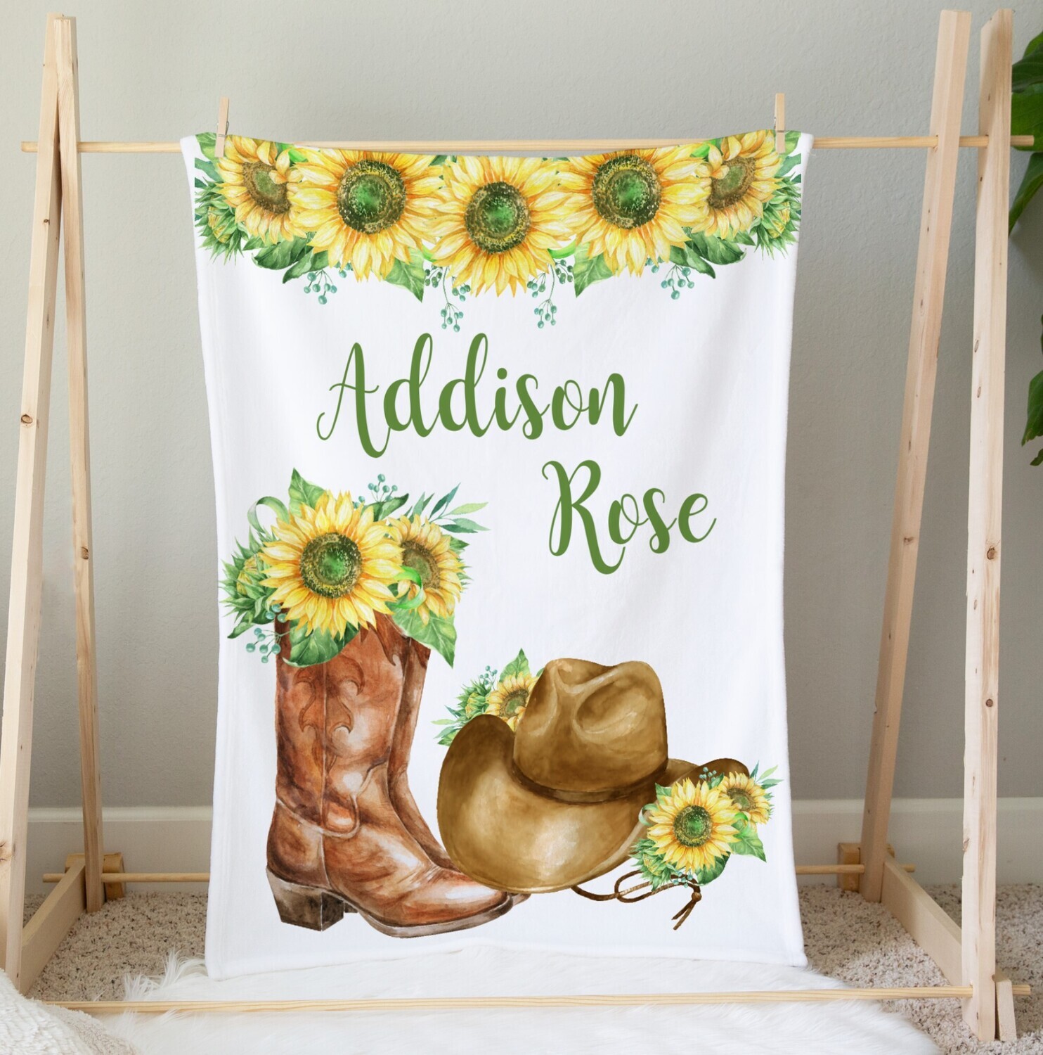 Personalized Sunflower Baby Girl Blanket Western Cowgirl Cowboy Boots Hat Blanket Shower Gift Custom Name Blanket Girl Bedroom Nursery Throw Tummy Time