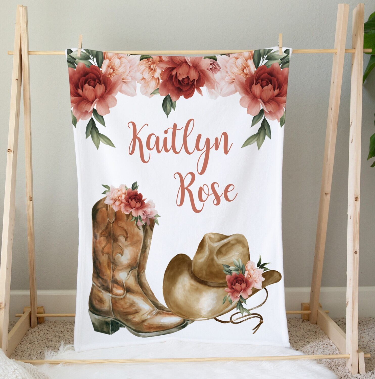 Personalized Western Baby Girl Blanket Floral Flower Cowgirl Cowboy Boots Hat Blanket Shower Gift Custom Name Blanket Girl Bedroom Nursery Throw Tummy Time
