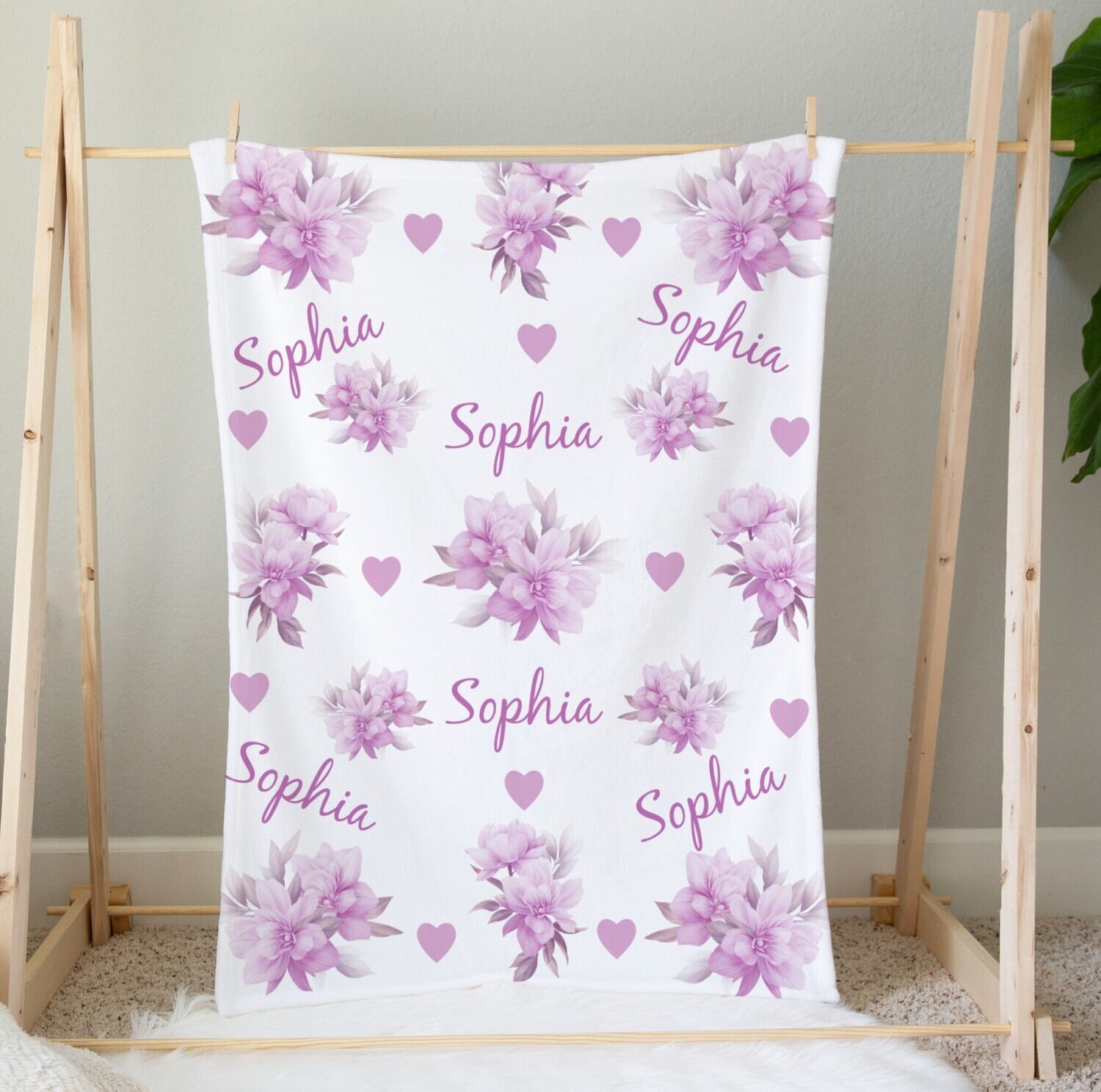 Personalized Girl Blanket Purple Flower Floral Custom Blanket Shower Gift Custom Name Blanket Girl Bedroom Nursery Throw Tummy Time