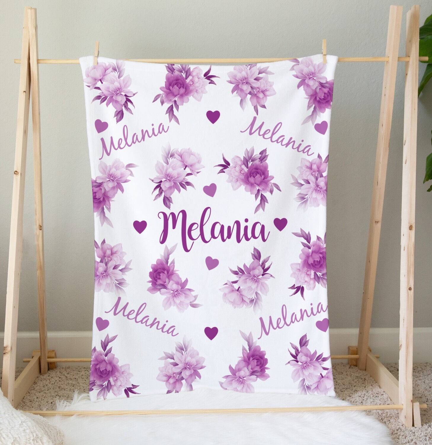 Personalized Girl Blanket Purple Floral Flower Blanket Shower Gift Custom Name Blanket Girl Bedroom Nursery Throw Tummy Time