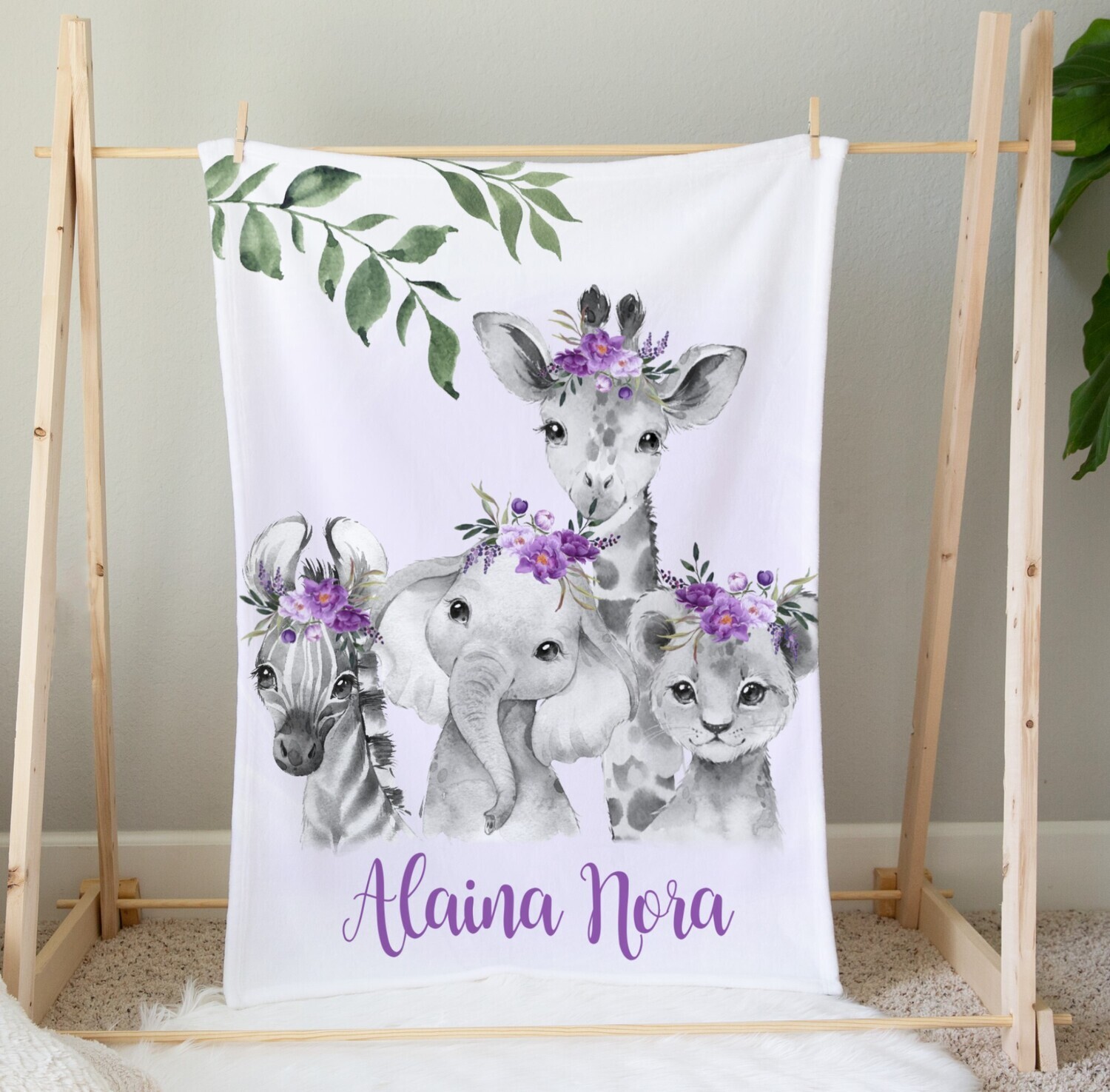 Personalized Purple Floral Safari Animals Girl Blanket Keepsake Custom Name Blanket Baby Nursery Decor New Baby Shower Gift Crib Blanket Tummy Time