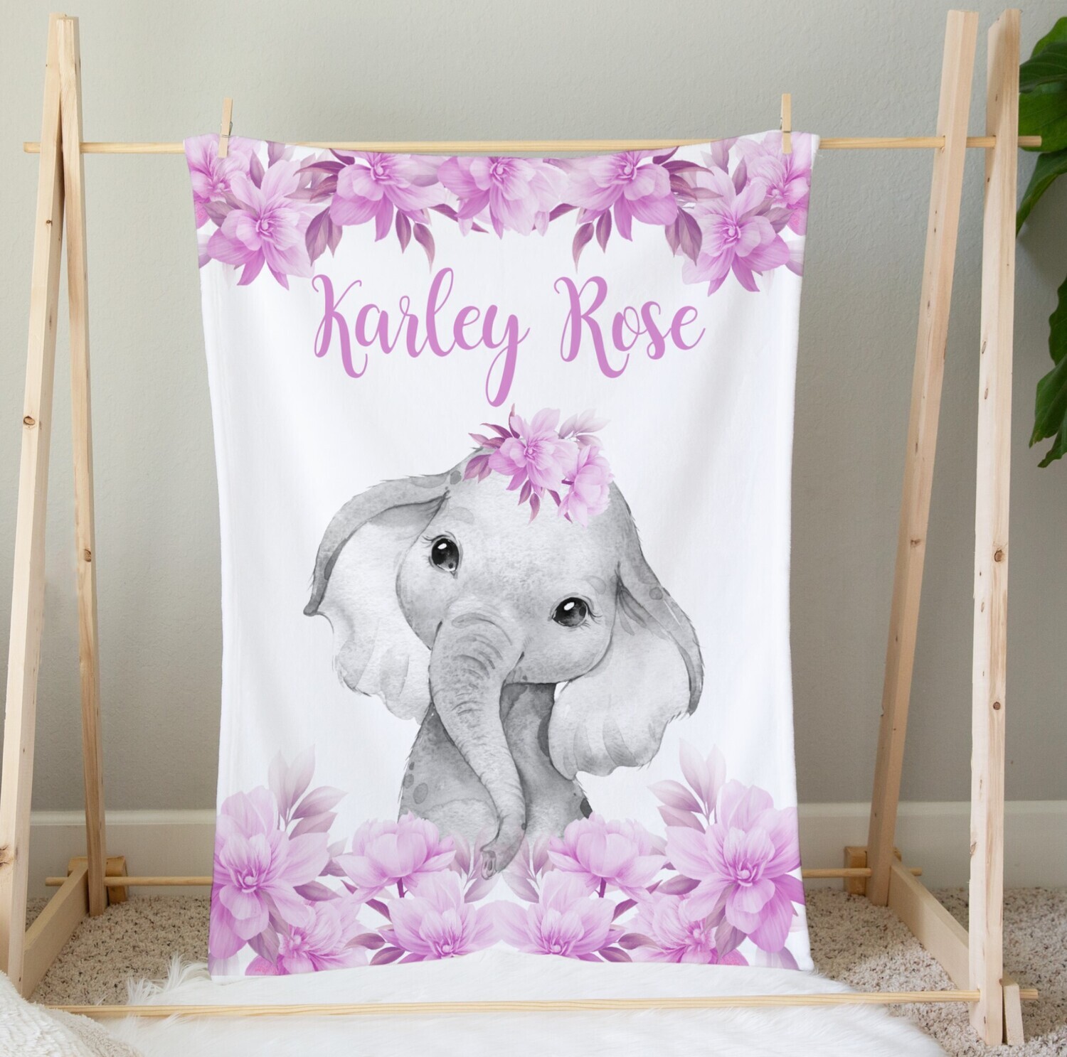 Personalized Girl Blanket Purple Flower Elephant Blanket Shower Gift Custom Name Blanket Girl Bedroom Nursery Throw Tummy Time