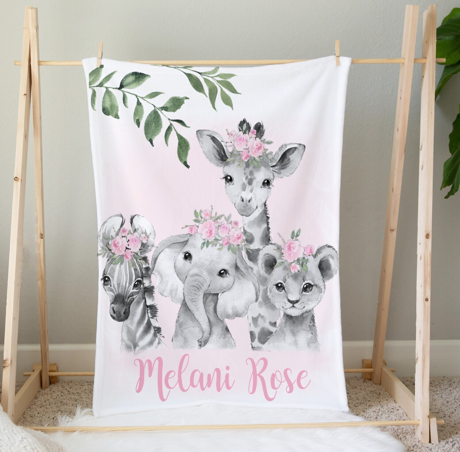 Personalized Pink Floral Safari Animals Girl Blanket Keepsake Custom Name Blanket Baby Nursery Decor New Baby Shower Gift Crib Blanket Tummy Time
