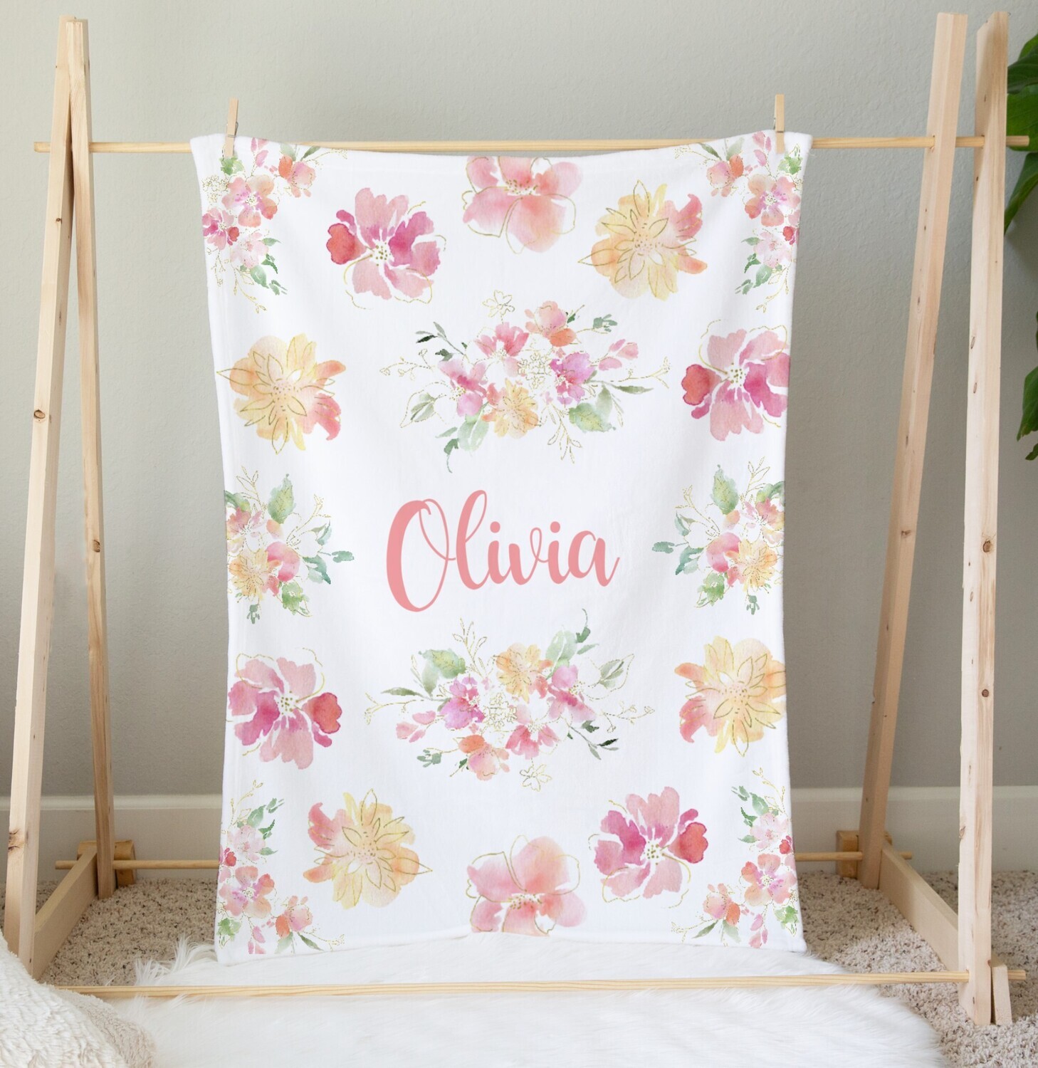 Personalized Girl Blanket Floral Flower Blanket Shower Gift Custom Name Blanket Girl Bedroom Nursery Throw Tummy Time