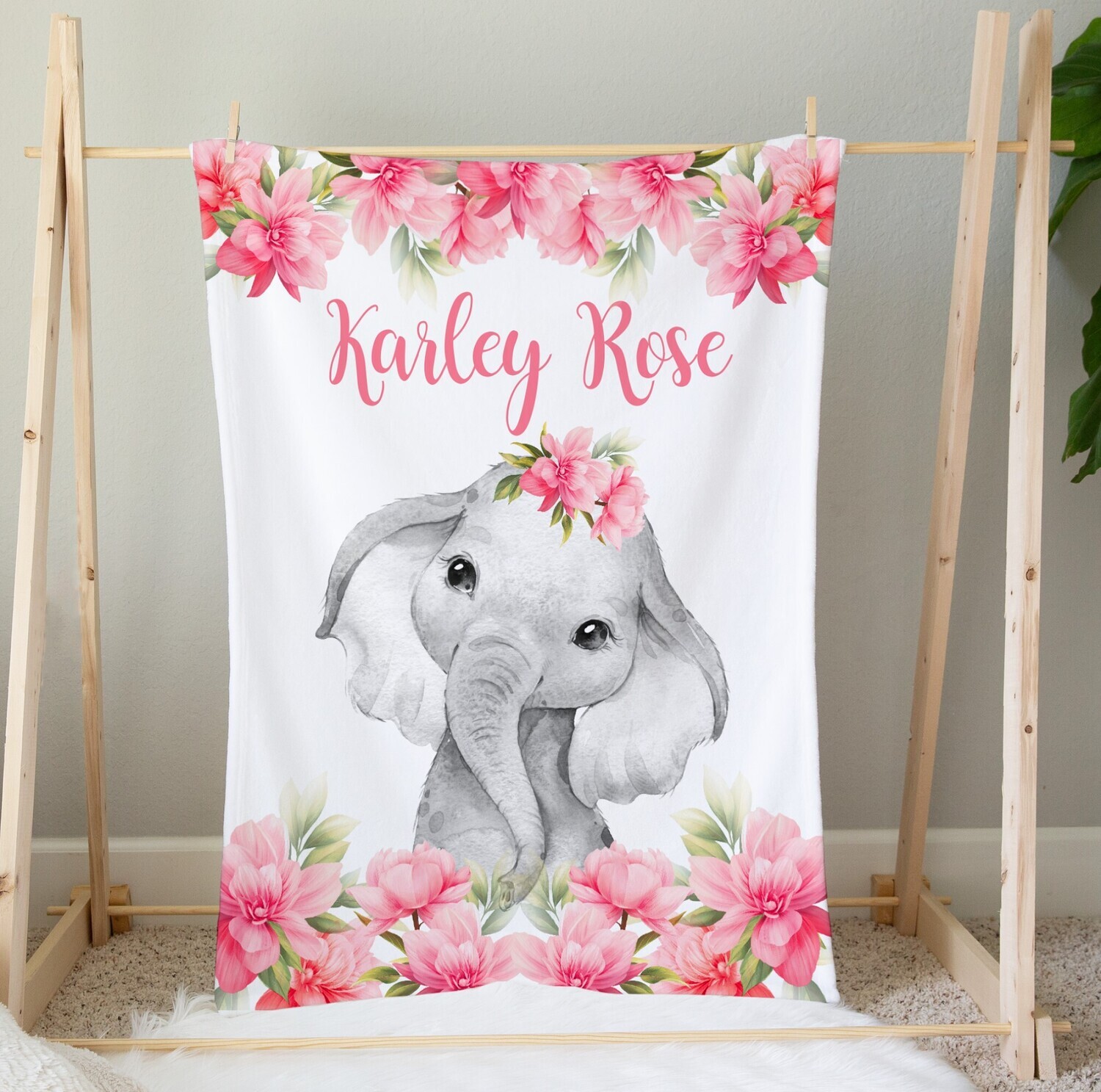 Personalized Girl Blanket Pink Flower Floral Elephant Custom Blanket Shower Gift Custom Name Blanket Girl Bedroom Nursery Throw Tummy Time