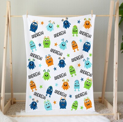 Personalized Baby Boy Blanket Cute Monsters Custom Name Blanket Shower Gift Custom Name Blanket Boy Bedroom Nursery Throw Tummy Time