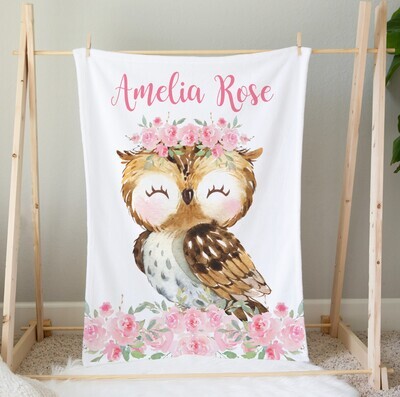 Personalized Baby Girl Blanket Pink Floral Owl Custom Name Blanket Shower Gift Custom Name Blanket Girl Bedroom Nursery Throw Tummy Time