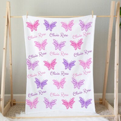 Personalized Baby Girl Blanket Butterfly Custom Blanket Shower Gift Custom Name Blanket Girl Bedroom Nursery Throw Tummy Time