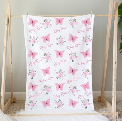 Personalized Baby Girl Blanket Pink Butterflies Custom Name Blanket Shower Gift Custom Name Blanket Girl Bedroom Nursery Throw Tummy Time