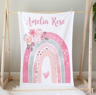Boho Rainbow Floral Personalized Baby Girl Blanket Pink Flowers Coral Blush Custom Name Blanket Shower Gift Custom Name Blanket Girl Bedroom Nursery Throw Tummy Time