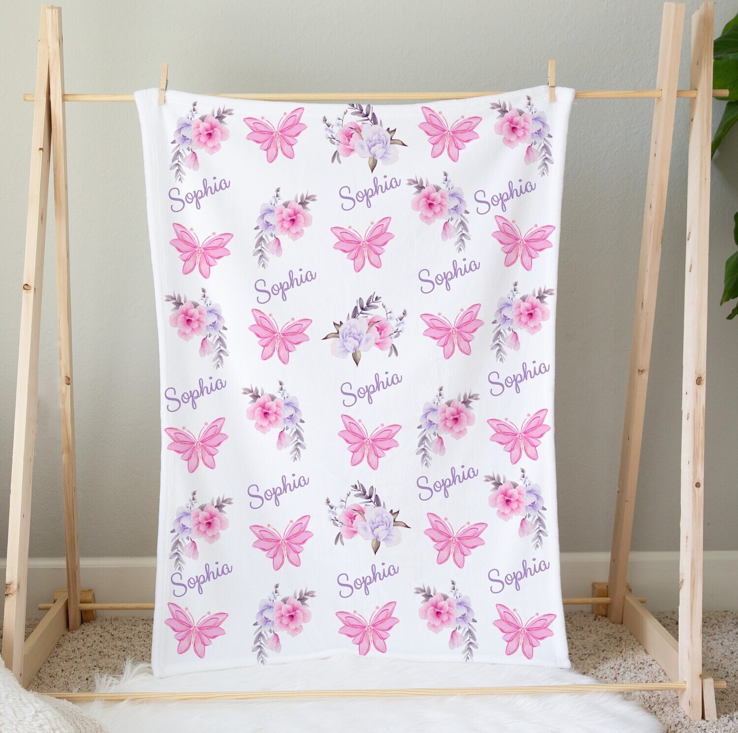 Personalized Baby Girl Blanket Pink Flowers Butterflies Custom Name Blanket Shower Gift Custom Name Blanket Girl Bedroom Nursery Throw Tummy Time