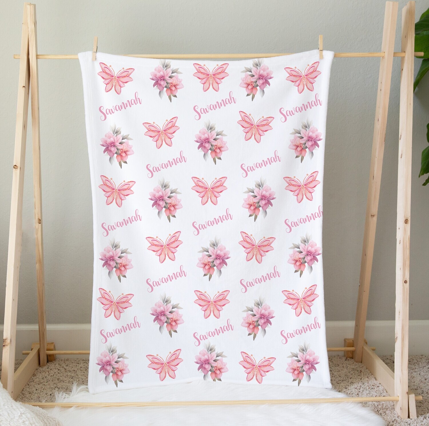 Personalized Baby Girl Blanket Pink Flowers Coral Blush Butterflies Custom Name Blanket Shower Gift Custom Name Blanket Girl Bedroom Nursery Throw Tummy Time