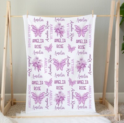 Personalized Baby Girl Blanket Purple Floral Butterflies Custom Name Blanket Shower Gift Custom Name Blanket Girl Bedroom Nursery Throw Tummy Time