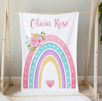 Boho Rainbow Floral Personalized Baby Girl Blanket Pink Flowers Coral Blush Custom Name Blanket Shower Gift Custom Name Blanket Girl Bedroom Nursery Throw Tummy Time