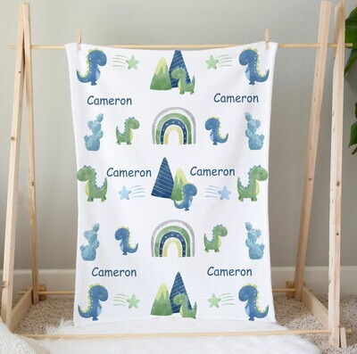 Personalized Baby Boy Blanket Blue Green Dinosaurs Custom Name Blanket Shower Gift Custom Name Blanket Boy Bedroom Nursery Throw Tummy Time