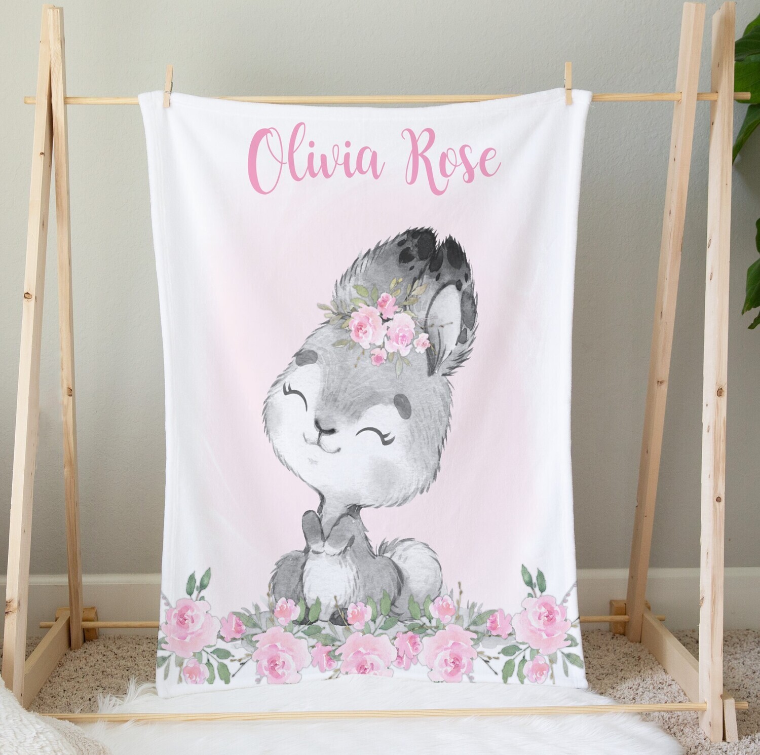 Personalized Baby Girl Blanket Pink Bunny Rabbit Floral Custom Name Blanket Shower Gift Custom Name Blanket Girl Bedroom Nursery Throw Tummy Time
