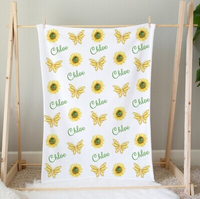 Personalized Baby Girl Blanket Sunflower Butterflies Custom Name Blanket Shower Gift Custom Name Blanket Girl Bedroom Nursery Throw Tummy Time