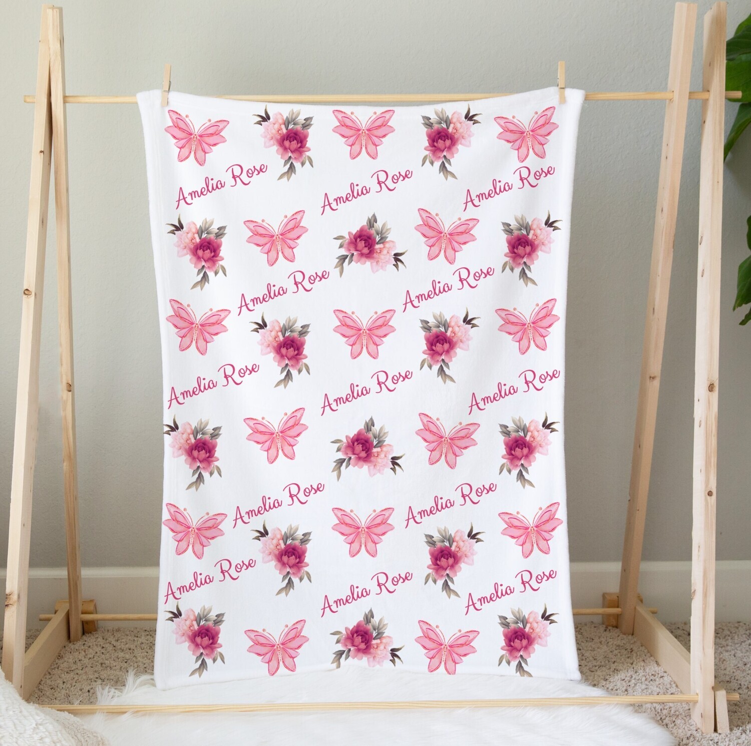 Personalized Baby Girl Blanket Pink Floral Butterflies Custom Name Blanket Shower Gift Custom Name Blanket Girl Bedroom Nursery Throw Tummy Time
