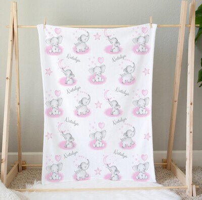 Personalized Baby Girl Blanket Pink Elephants Custom Name Blanket Shower Gift Custom Name Blanket Girl Bedroom Nursery Throw Tummy Time