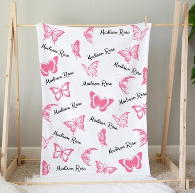 Personalized Baby Girl Blanket Pink Butterfly Custom Name Blanket Shower Gift Custom Name Blanket Girl Bedroom Nursery Throw Tummy Time