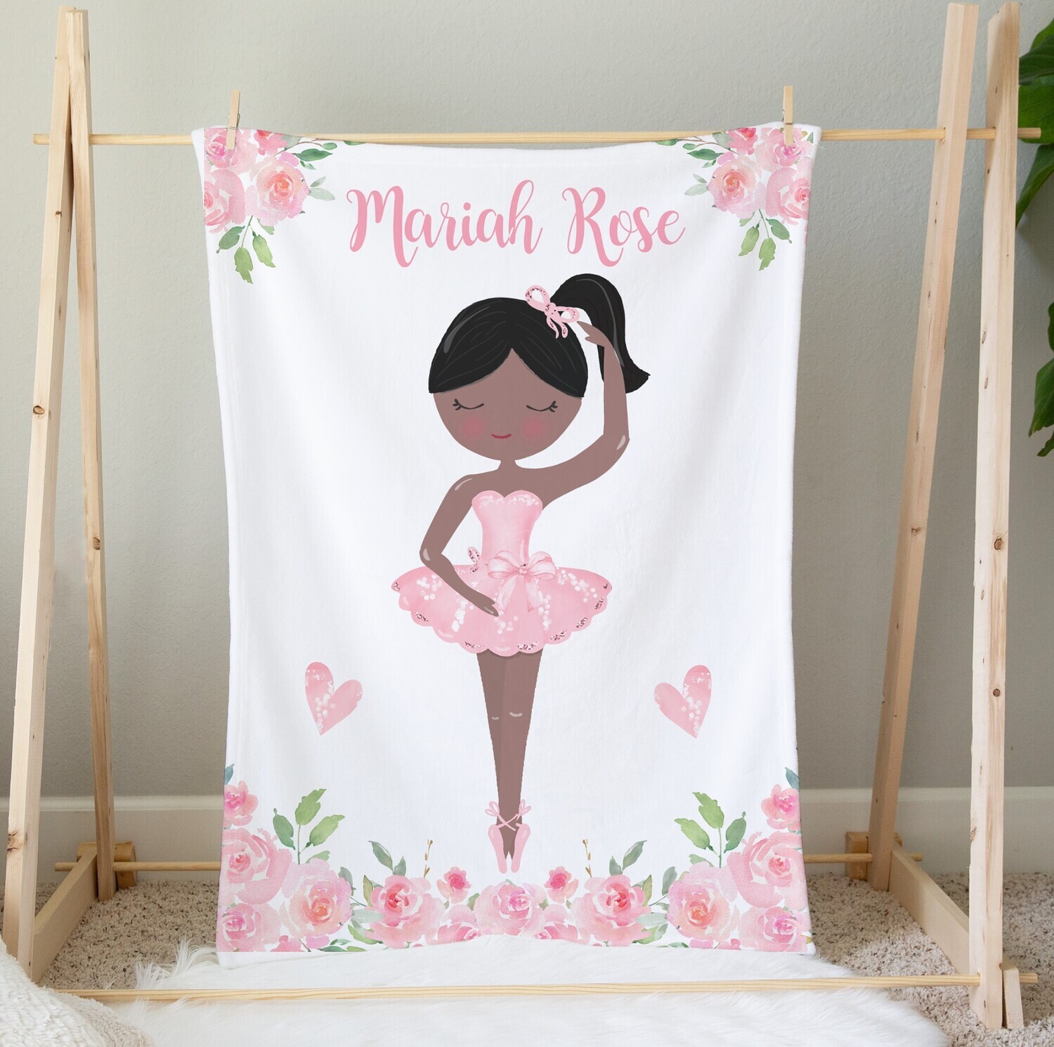 Personalized Girl Blanket Ballerina Pink Floral Flowers Custom Name Blanket Baby Girl Shower Gift
