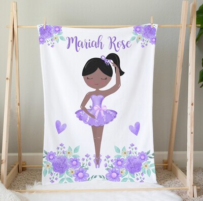 Personalized Girl Blanket Ballerina Purple Floral Flowers Custom Name Blanket Baby Girl Shower Gift