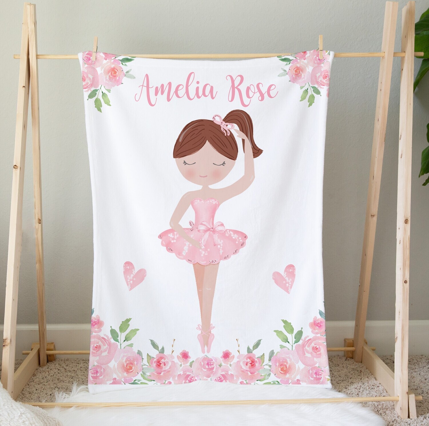Personalized Girl Blanket Ballerina Pink Floral Flowers Custom Name Blanket Baby Girl Shower Gift