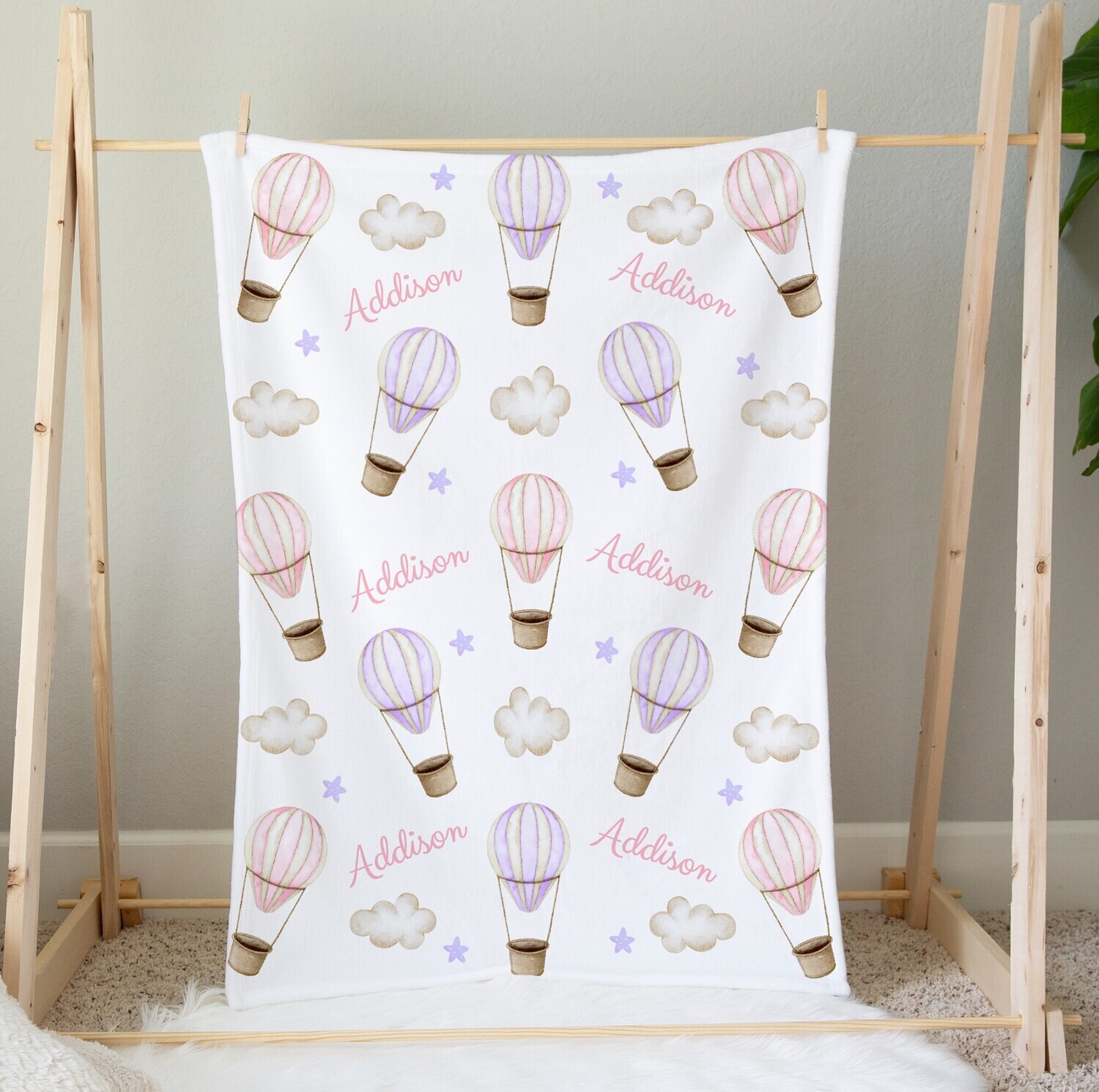 Personalized Baby Girl Blanket Pink Purple Hot Air Balloons Custom Name Blanket Shower Gift Custom Name Blanket Girl Bedroom Nursery Throw Tummy Time