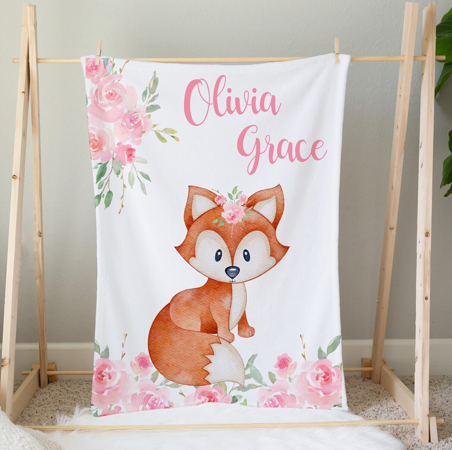 Fox Personalized Baby Girl Blanket Nursery Pink Flower Blanket Custom Name Blanket Shower Gift Custom Name Blanket Boy Bedroom Nursery Throw Tummy Time