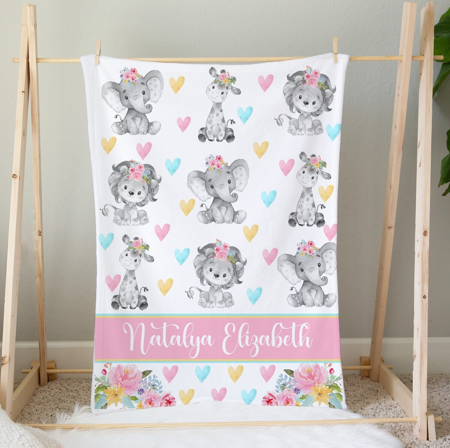Safari Animals Personalized Baby Girl Blanket Pink Yellow Teal Flower Hearts Custom Name Blanket Shower Gift Girl Bedroom Name Blanket Throw Tummy Time