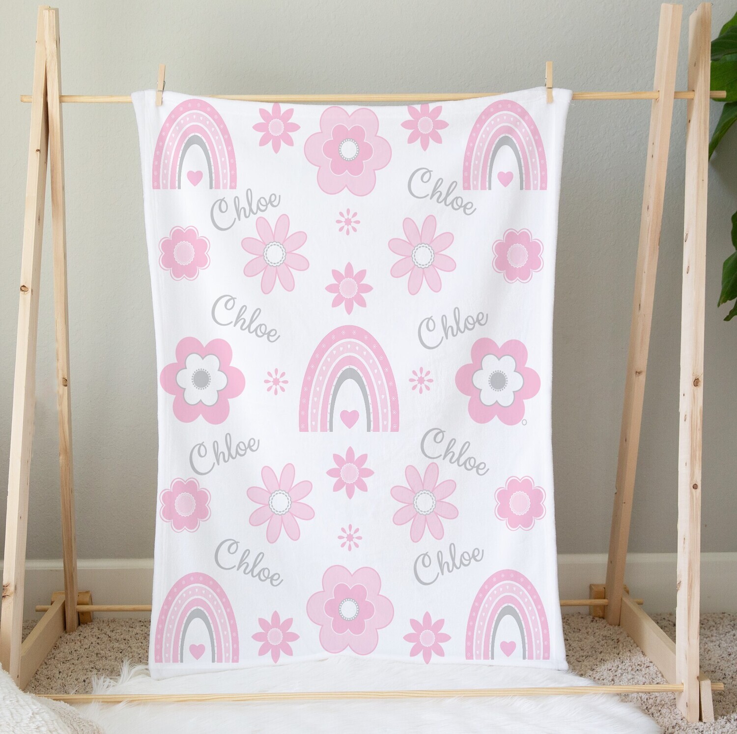 Pink Flower Boho Rainbow Personalized Blanket Baby Girl Blanket Custom Name Blanket Shower Gift Girl Bedroom Name Blanket Throw Tummy Time