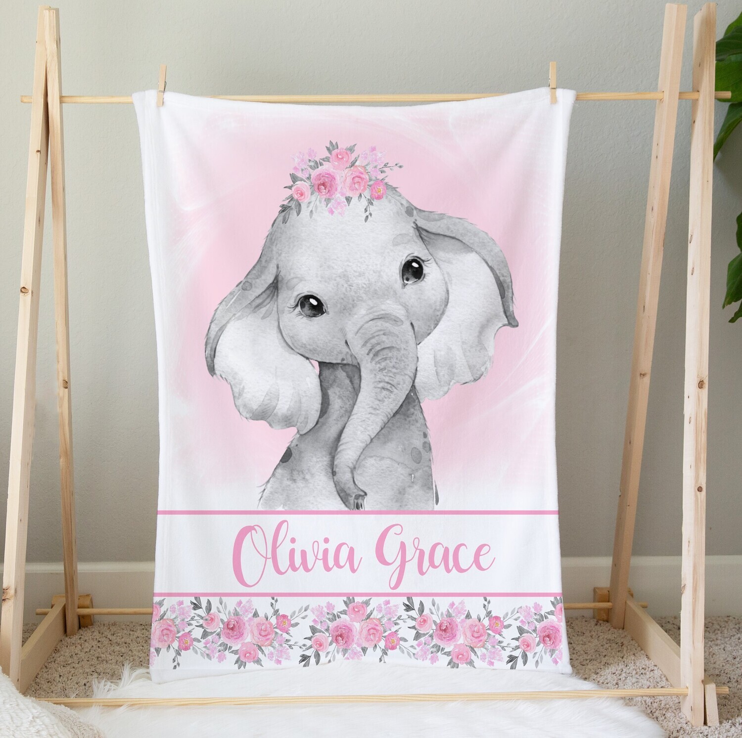 Elephant Pink Flowers Personalized Blanket Baby Girl Blanket Custom Name Blanket Shower Gift Girl Bedroom Name Blanket Throw Tummy Time