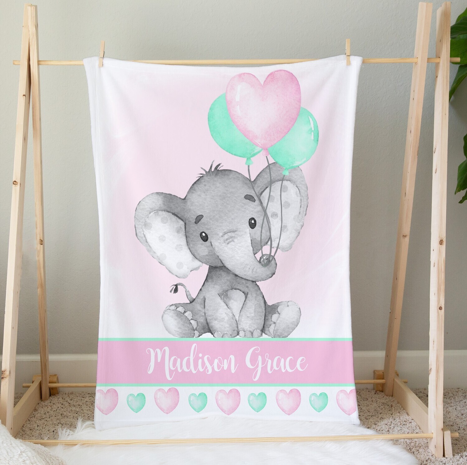 Elephant Pink Mint Personalized Blanket Baby Girl Blanket Custom Name Blanket Shower Gift Girl Bedroom Name Blanket Throw Tummy Time