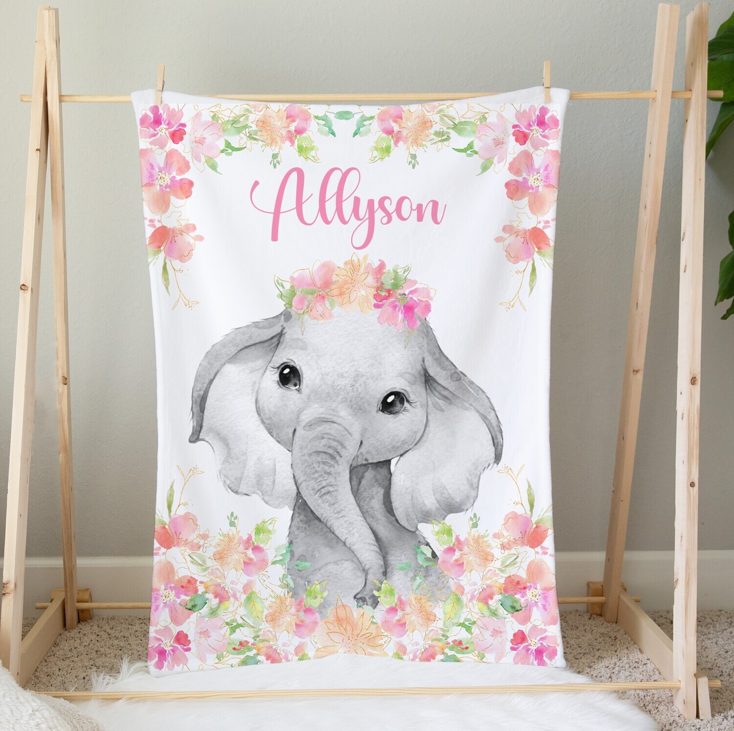Personalized Baby Girl Blanket Floral Elephant Flower Blanket Shower Gift Custom Name Blanket Girl Bedroom Nursery Throw Tummy Time